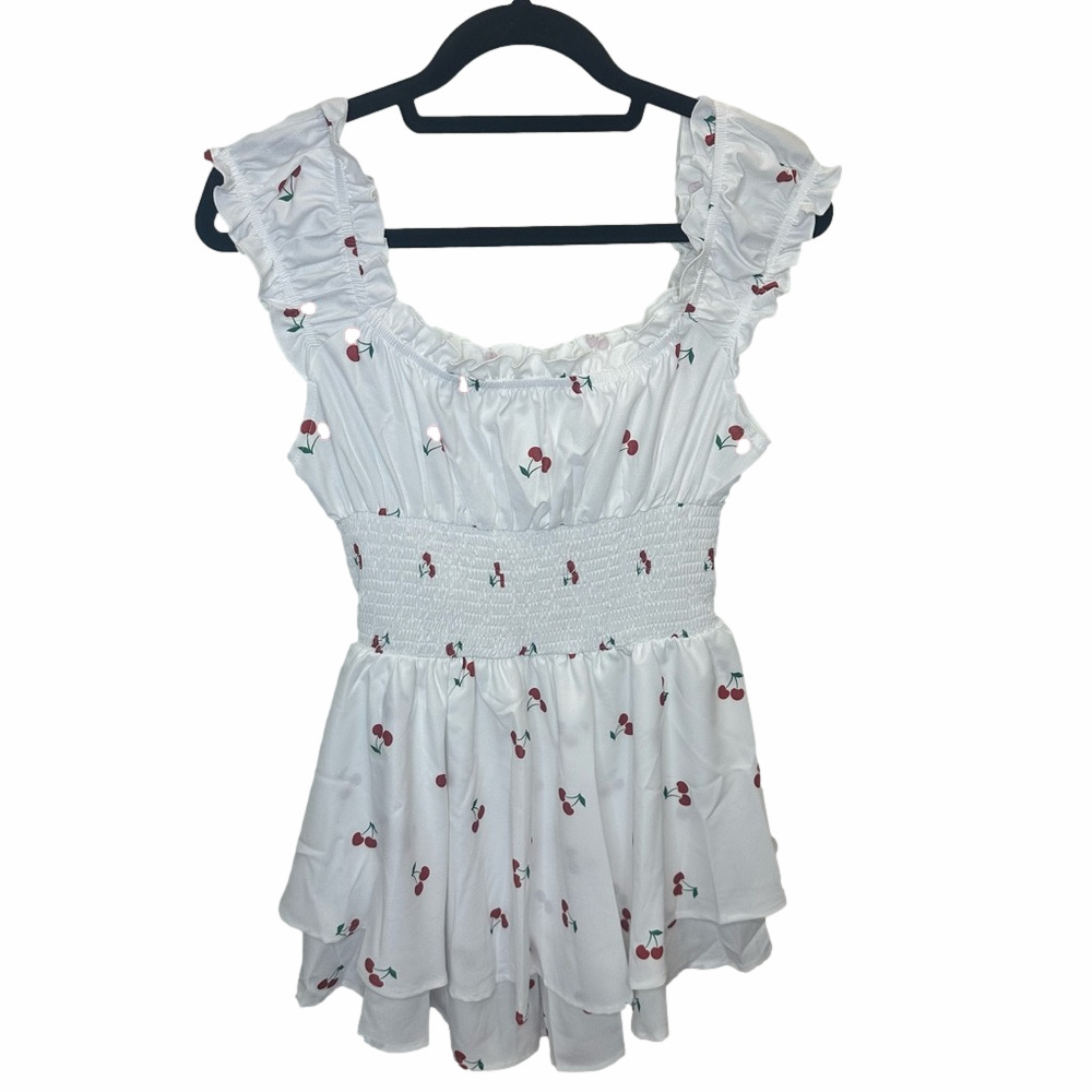 NWT SHEIN Poeselle White Cherry Print Tiered Romper Size Small - Picture 3 of 13